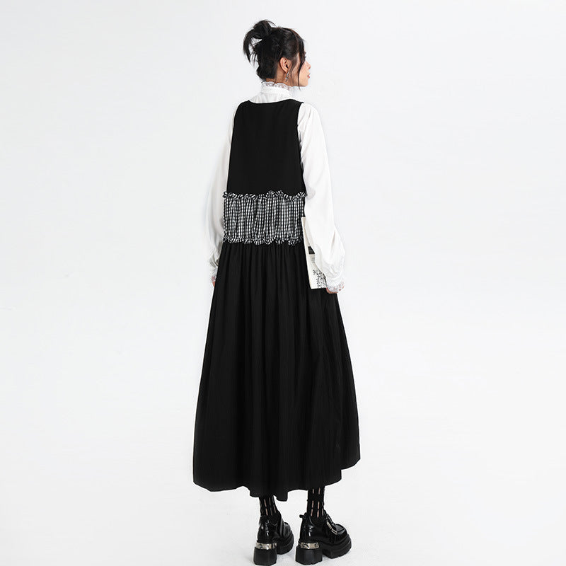 【ワンピース】春 秋 冬 Vネック チェック柄 配色 ロングノースリーブ ワンピース 【AHシリーズ】