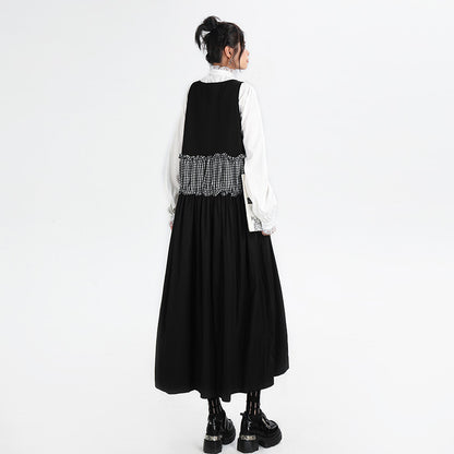 【ワンピース】春 秋 冬 Vネック チェック柄 配色 ロングノースリーブ ワンピース 【AHシリーズ】