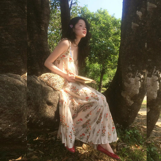 法式花卉度假吊帶洋裝｜優雅長版連身裙【SH系列】