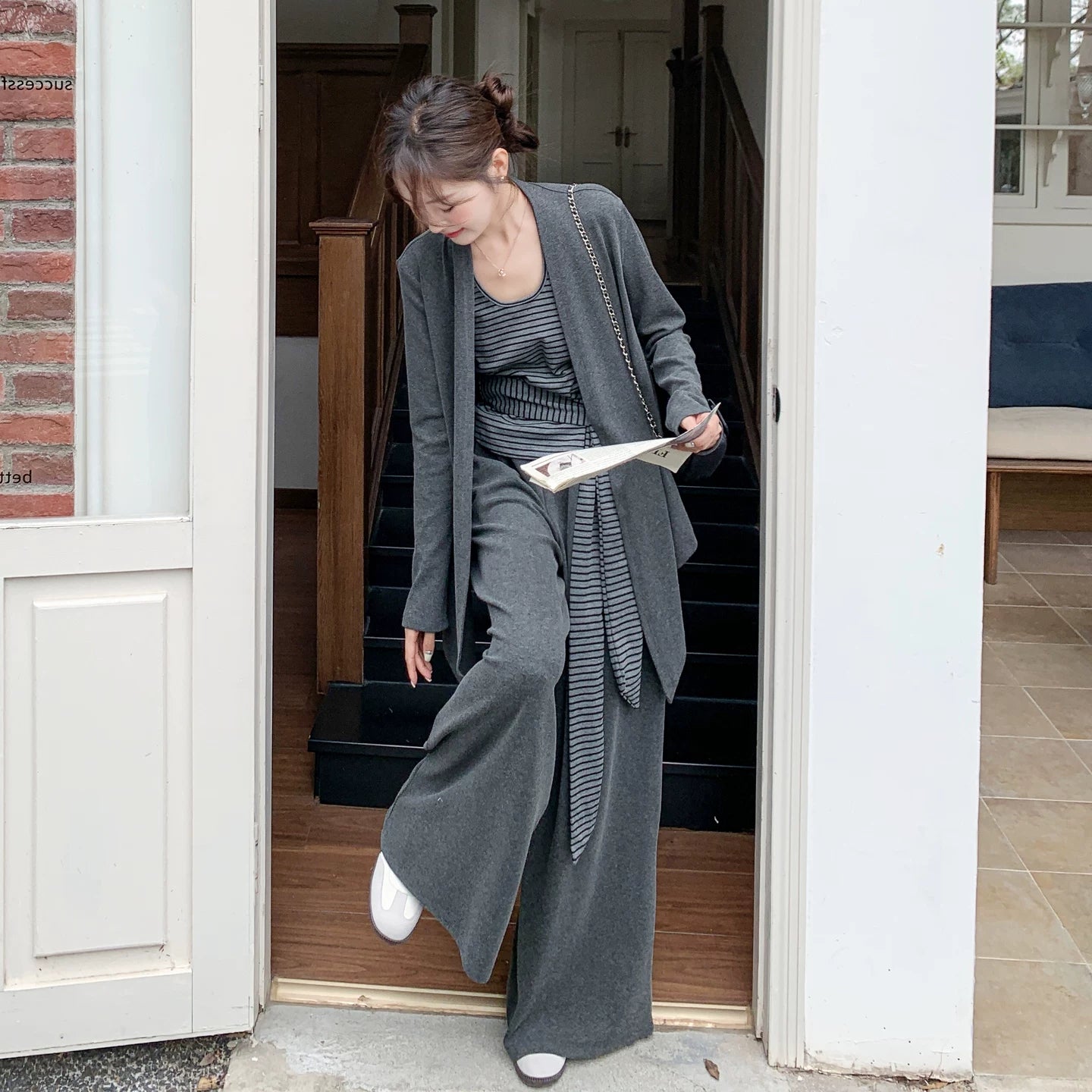 3点セット！【セットアップ】ゆるふわ風 ニットカーディガン + ベスト + ワイドパンツ 上下セット 早春 2026新作 カジュアル 3点セット【JZシリーズ】