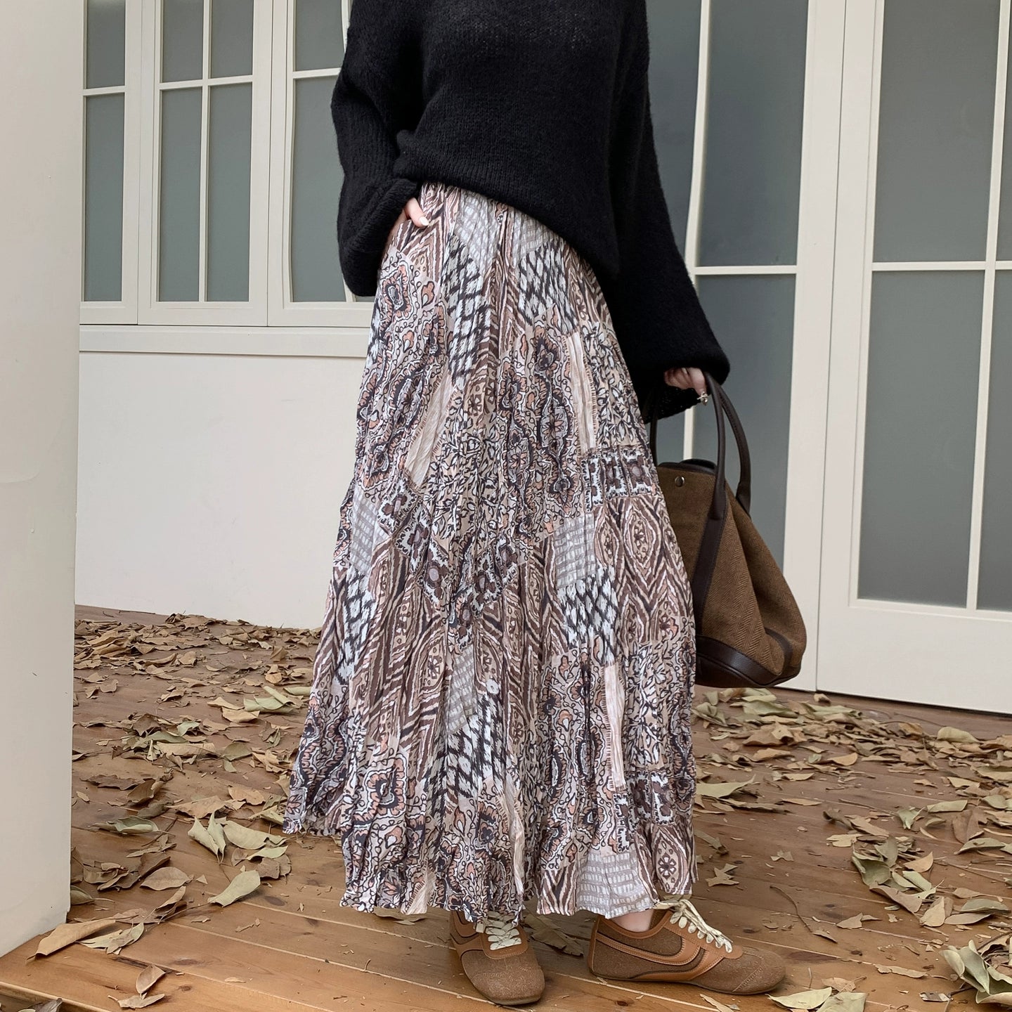 【ボトムス】脚長効果 お腹カバー レトロ柄 ロングスカート ゆったり Aライン フレアスカート【SHシリーズ】