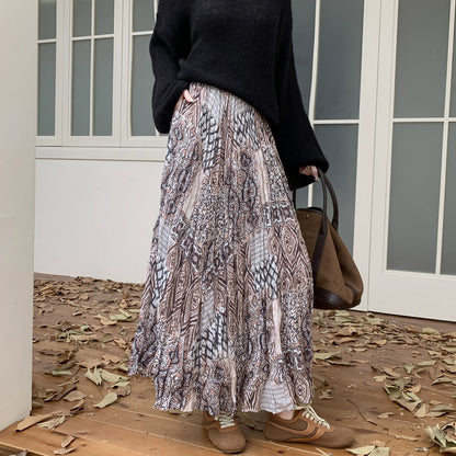 【ボトムス】脚長効果 お腹カバー レトロ柄 ロングスカート ゆったり Aライン フレアスカート【SHシリーズ】
