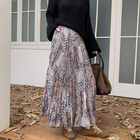 【ボトムス】脚長効果 お腹カバー レトロ柄 ロングスカート ゆったり Aライン フレアスカート【SHシリーズ】