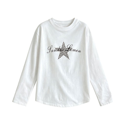 【トップス】レトロ豹柄星プリント長袖Tシャツ レディース 綿100％ 秋インナートップス【JZシリーズ】