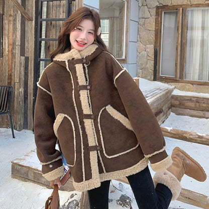 【アウター】キャメルスエード調フード付きフェイクムートンコート 冬 カラー切替 ボア裏地 保温 中綿ジャケット レディース【JZシリーズ】