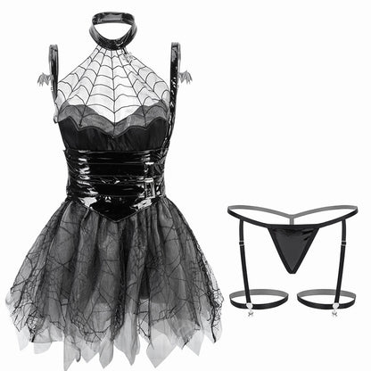 【ハロウィン】セクシー シースルー メッシュ スパイダー 小悪魔 エナメル コルセット 制服風 コスチューム ランジェリー