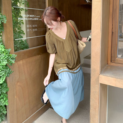 【ワンピース】夏 フレンチ ヴィンテージ  大人可愛い 配色 半袖ワンピース レディース 気質 若見え 超美しい Aラインロングドレス【JZシリーズ】