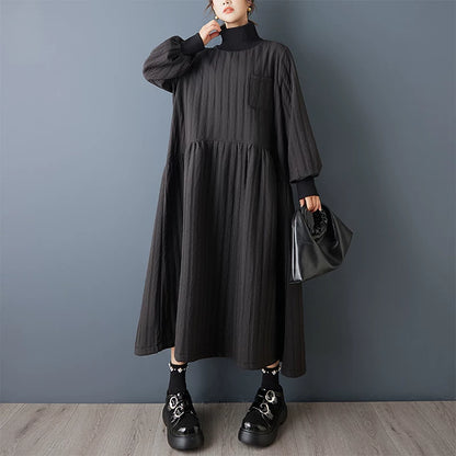 【ワンピース】インポート風 個性派デザイン ハイネック ダークモード 長袖ワンピース ゆったり Aライン レイジーカジュアル ロングドレス【AHシリーズ】