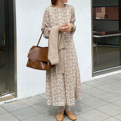 【24AW】【ワンピース】ラウンドネック 花柄 レトロ 長袖ワンピース