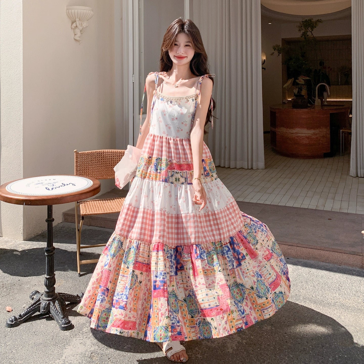 【ワンピース】夏 独特デザイン プリント チェック レースパッチワーク ノースリーブキャミソールワンピース【SHシリーズ】