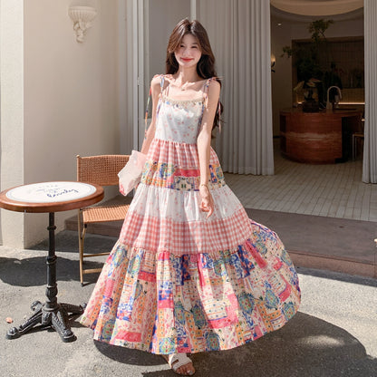 【ワンピース】夏 独特デザイン プリント チェック レースパッチワーク ノースリーブキャミソールワンピース【SHシリーズ】