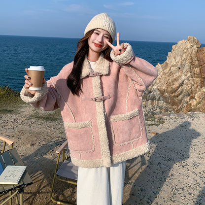 【アウター】冬新作 レディース ピンク スエード ボアコート フェイクムートン 厚手 あったか おしゃれ【JZシリーズ】