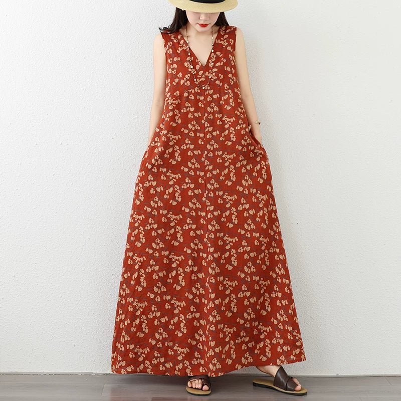 期間限定⭐️60%OFF【ワンピース】インポート風 ノースリーブ ワンピース レディース 夏 リネンコットン 花柄 Vネック ロング丈 ゆったり 体型カバー 薄手【SHシリーズ】