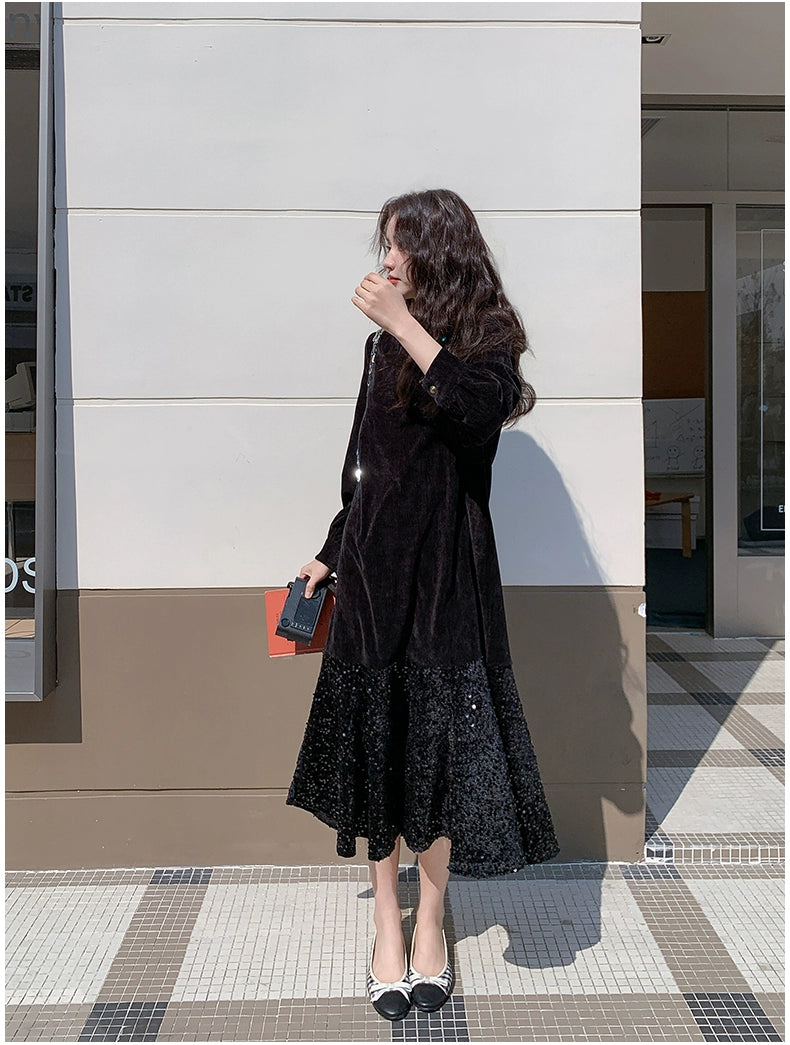 【ワンピース】オードリー風 ベロア 春 秋 冬 スパンコール 長袖 ワンピース【JZシリーズ】