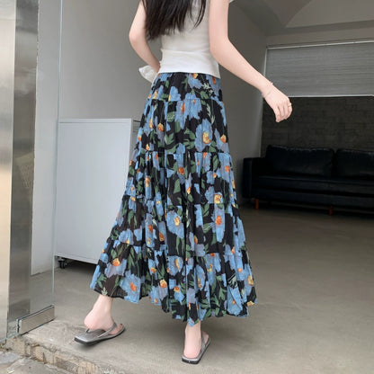 【ボトムス】夏 ヒップカバー ハイウエスト Aライン フラワープリント シフォンスカート【SHシリーズ】