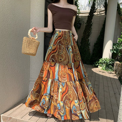 【ボトムス】リゾート花柄シフォンスカート レディース 夏 ティアードロングスカート ハイウエスト ふんわり揺れる フェミニン【SHシリーズ】