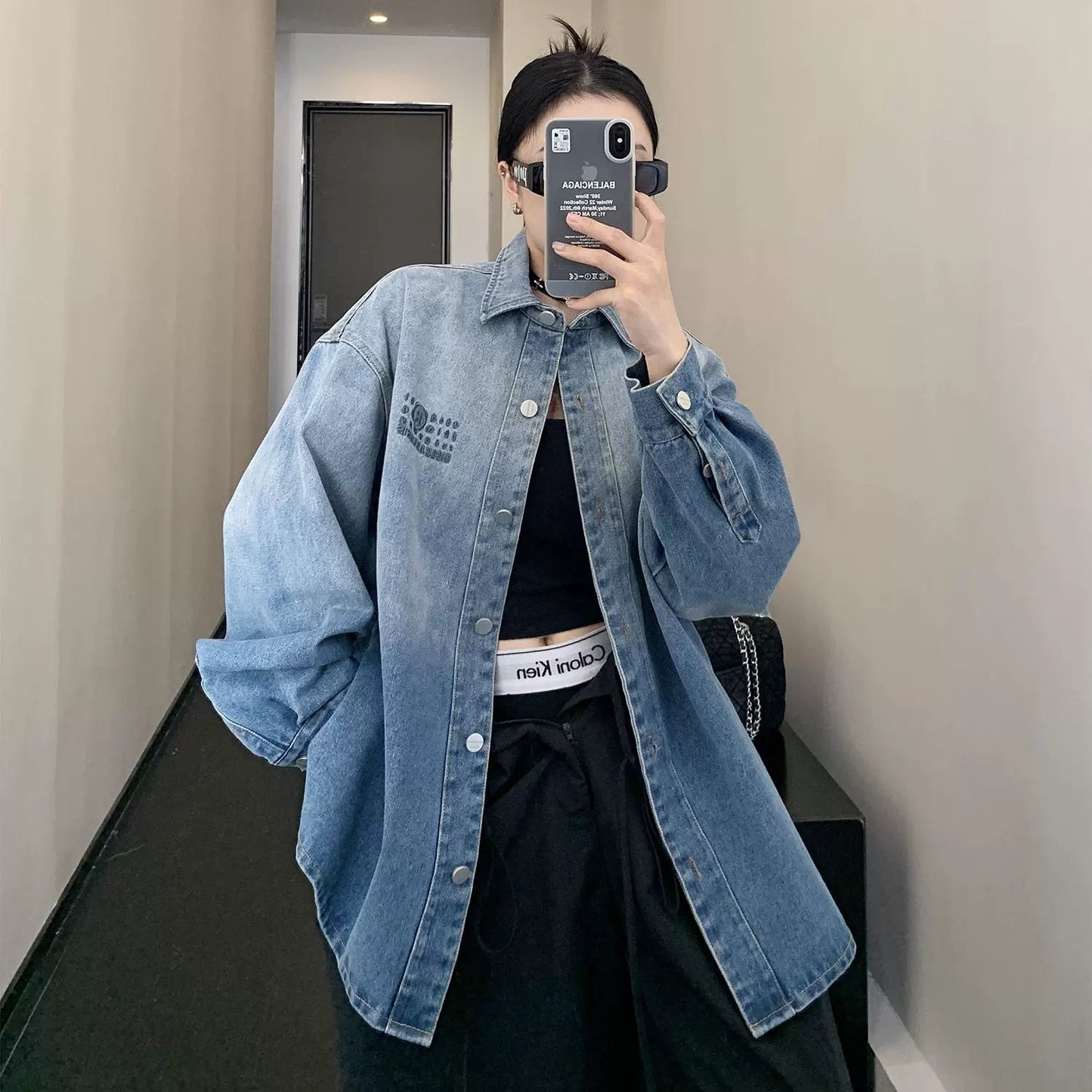 【トップス】春秋 アメリカンスタイル ヴィンテージ加工 グラデーション 刺繍 デニムシャツジャケット【FCシリーズ】