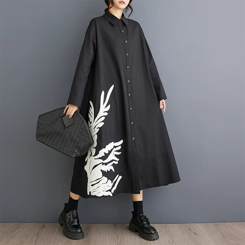 【ワンピース】プリント切替シャツワンピース レディース 春秋新作 大きいサイズ 長袖 ロング丈 ゆったり カジュアル【SHシリーズ】