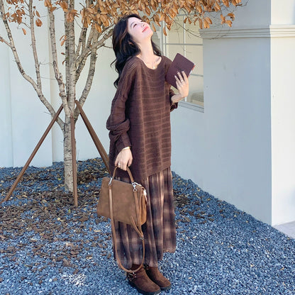 2点セット！【セットアップ】マラード風ゆる感ニット透かし編みカーディガン×チェック柄ノースリーブワンピースセット【SHシリーズ】