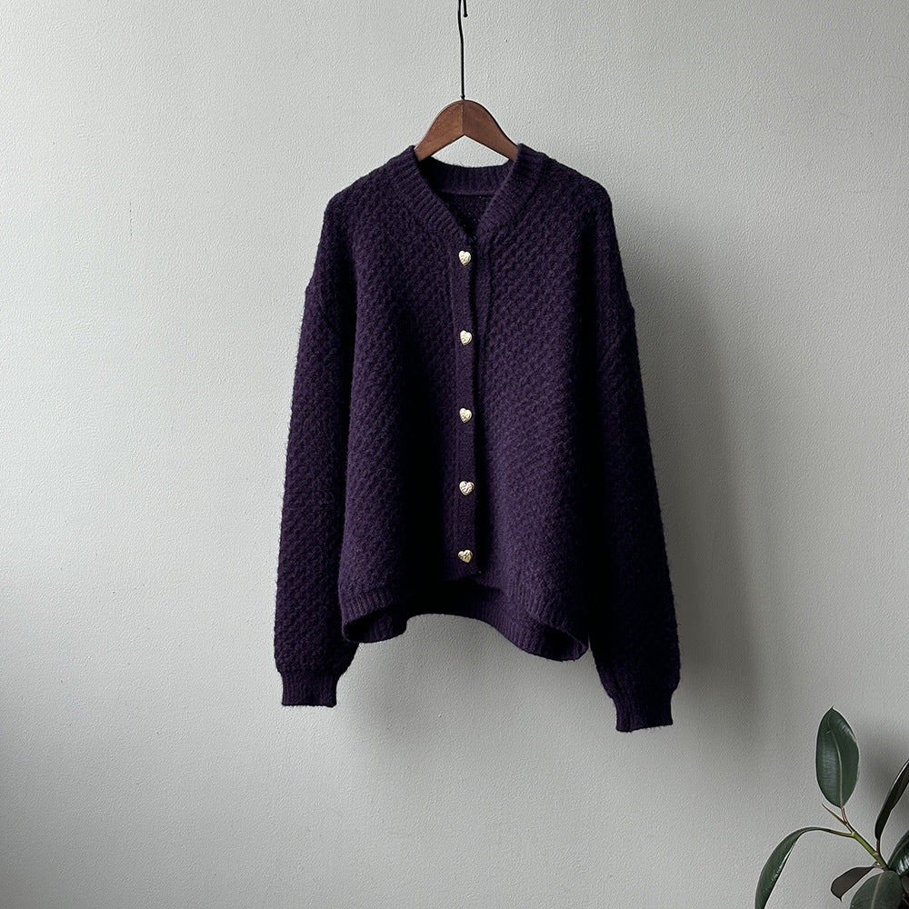 【アウター】パイナップル柄 ハートボタン  クルーネック ニット カーディガン 【JZシリーズ】