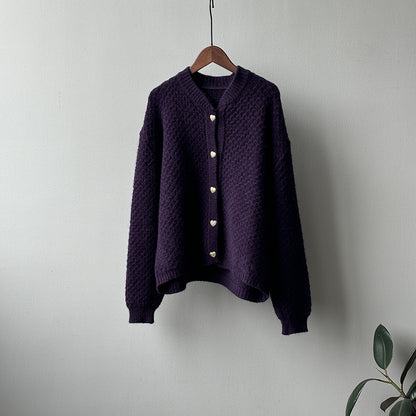 【アウター】パイナップル柄 ハートボタン  クルーネック ニット カーディガン 【JZシリーズ】