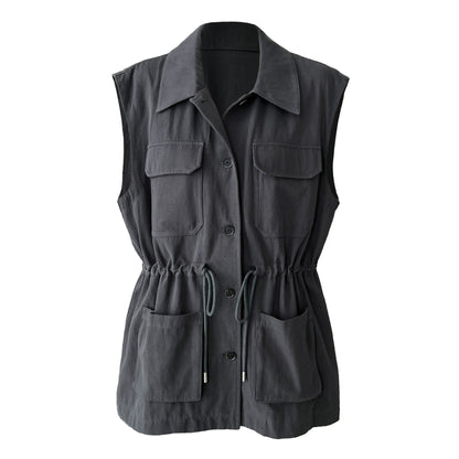 【トップス】春 秋 冬 ワーク風 ドローストリング ポケット ノースリーブ ベスト 【JZシリーズ】