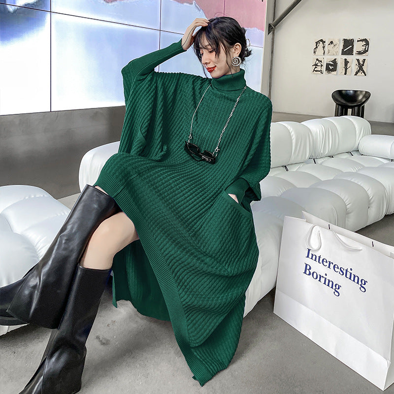 【ワンピース】ヨーロッパ系 ハイネック バットスリーブ 長袖 ニットワンピース レディース 春秋冬 新作 ゆったり 小众デザイン 不規則【AHシリーズ】