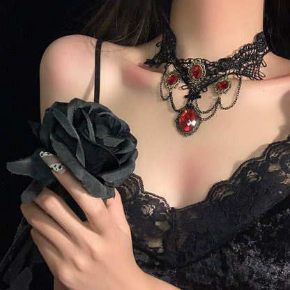【ハロウィン】ゴシック風 レースチョーカー ダークレッド宝石 フリンジネックレス アクセサリー
