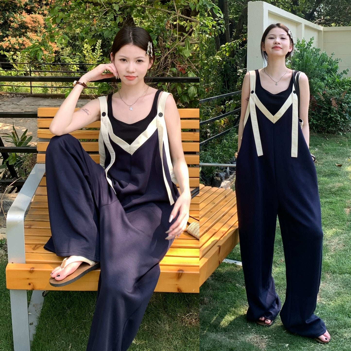 【ボトムス】ヴィンテージ配色Vネック ゆる系夏用カジュアルオールインワン