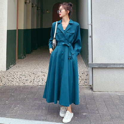 全4色【ワンピース】フレンチ 春秋  気質エレガント トレンチ風 大フレアロング 長袖ワンピース【JZシリーズ】