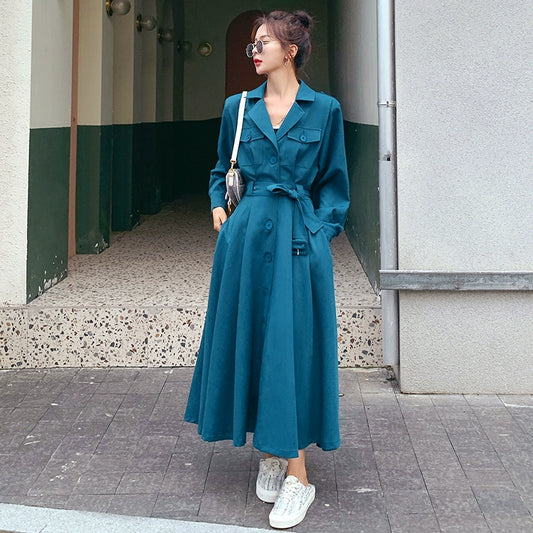 全4色【ワンピース】フレンチ 春秋  気質エレガント トレンチ風 大フレアロング 長袖ワンピース【JZシリーズ】