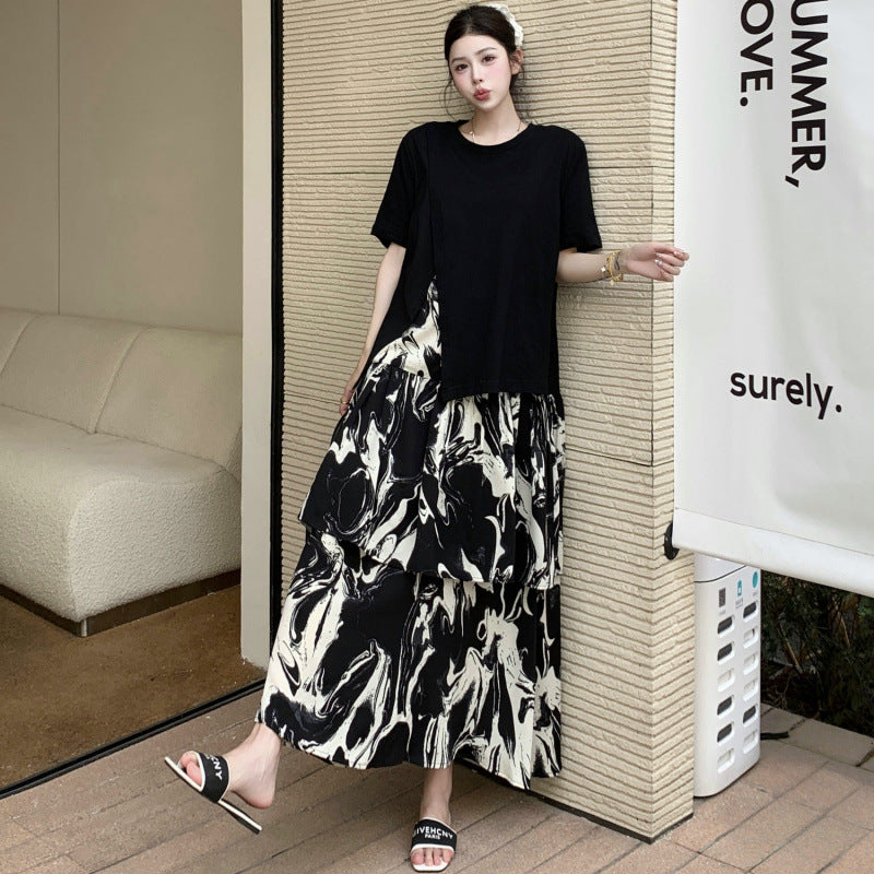 【ワンピース】🌞夏新作 大きいサイズ レディース 半袖 重ね着風ワンピース 墨柄 ゆったり ロング丈 体型カバー【SHシリーズ】