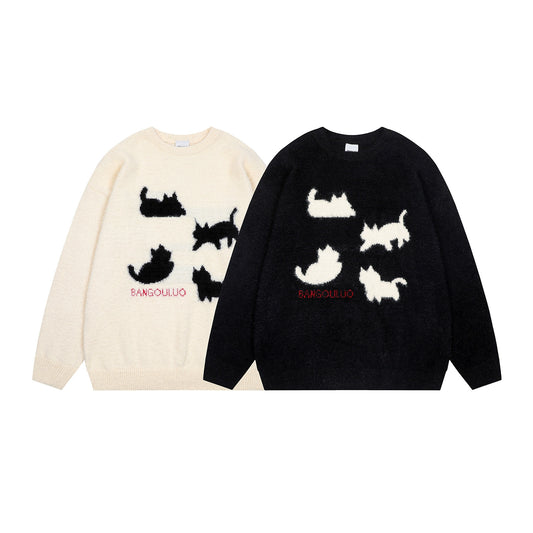 【トップス】💕ペア着用OK 🐾猫シルエット プルオーバーニット 秋冬 ユニセックス 【FCシリーズ】