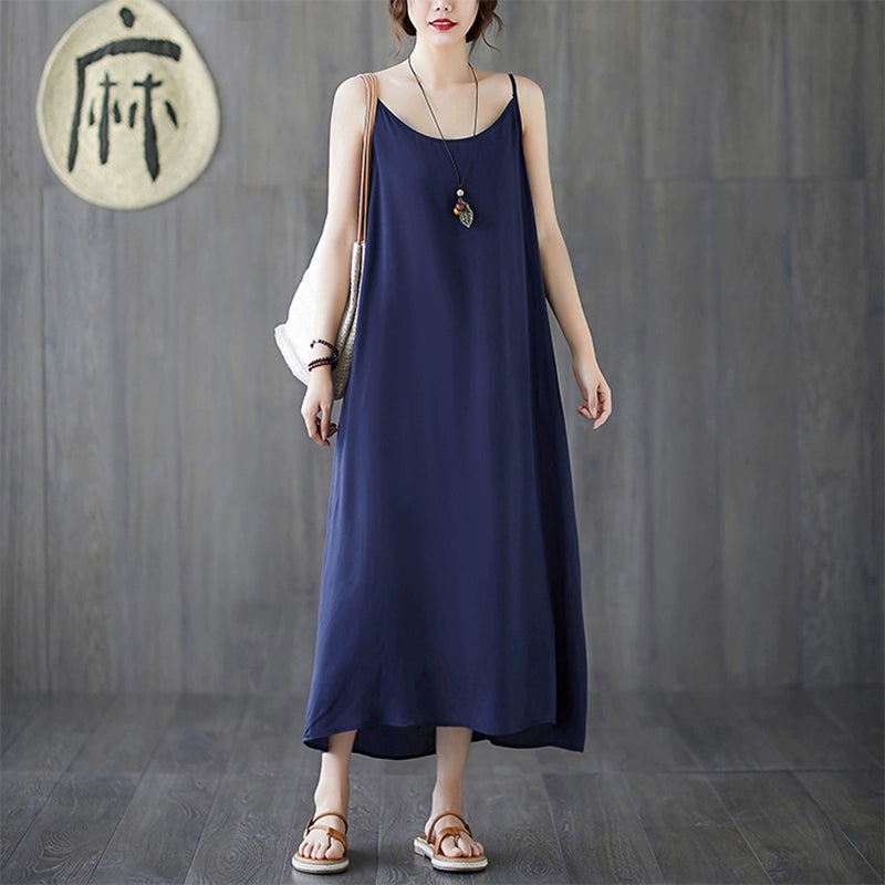 【ワンピース】夏新作 文芸系シンプル 無地キャミソールワンピース ゆったりロング丈 インナーとしても活躍