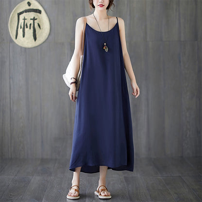 【ワンピース】夏新作 文芸系シンプル 無地キャミソールワンピース ゆったりロング丈 インナーとしても活躍
