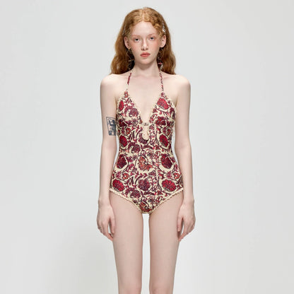 【グッズ】夏 花柄 ホルターネック ワンピース水着 リゾート・温泉・ビーチ用 レディース水着 【SHシリーズ】