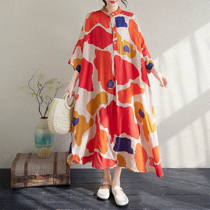 7カラー【ワンピース】気質 文芸風 レトロ コットンリネン 花柄 立襟 ゆったり 超ロング 大きいサイズ レディース 長袖リゾートワンピース【SHシリーズ】