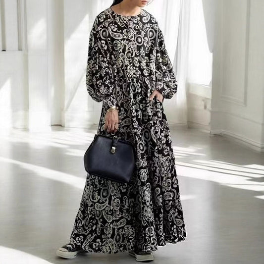 【ワンピース】文芸風 大きいサイズ ゆったり プリント 長袖 ワンピース レディース【JZシリーズ】