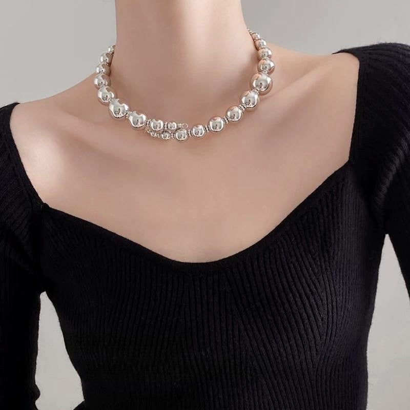 韓系銀色金屬頸圈｜串珠鏤空設計｜個性簡約時尚配件