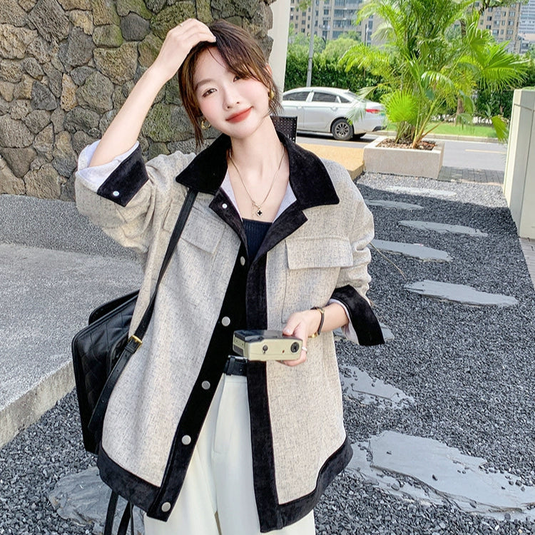 【アウター】レトロ 配色 切り替え カジュアル シャツジャケット レディース 春秋 ゆったり 【JZシリーズ】【SNシリーズ】