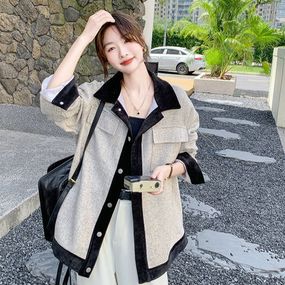 【アウター】レトロ 配色 切り替え カジュアル シャツジャケット レディース 春秋 ゆったり 【JZシリーズ】【SNシリーズ】