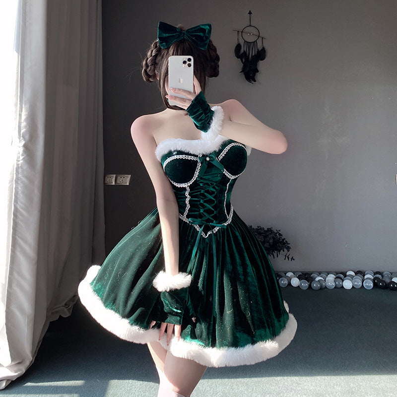 【クリスマス】プレゼントは私！ セクシー グリーン チューブトップワンピース 新年勝負ドレス