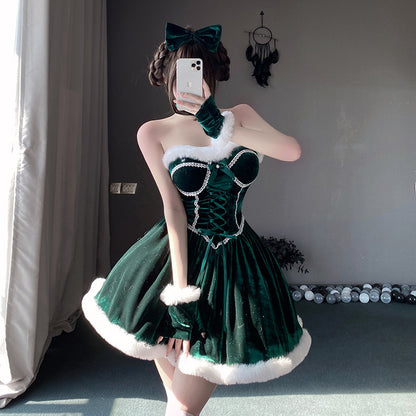 【クリスマス】プレゼントは私！ セクシー グリーン チューブトップワンピース 新年勝負ドレス
