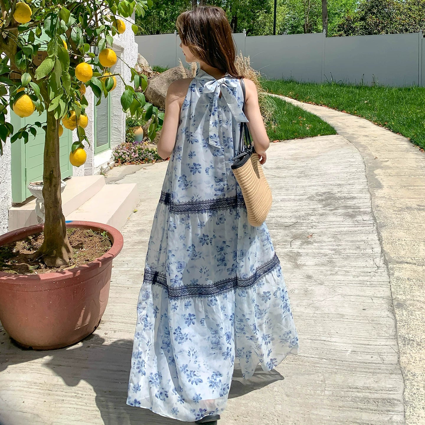 【ワンピース】ボヘミアン風 花柄シフォンワンピース レディース 夏新作 ホルターネック ノースリーブ ロング丈 マキシ丈 体型カバー リゾートワンピ【SHシリーズ】