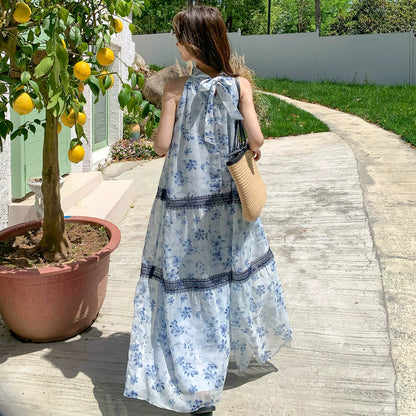 【ワンピース】ボヘミアン風 花柄シフォンワンピース レディース 夏新作 ホルターネック ノースリーブ ロング丈 マキシ丈 体型カバー リゾートワンピ【SHシリーズ】
