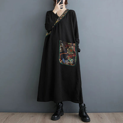 【ワンピース】レトロVネック切替ワンピース レディース 秋冬新作 大きいサイズ ゆったり 体型カバー 大人上品【SHシリーズ】
