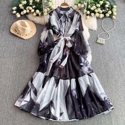 【ワンピース】5カラー フレンチレトロ 花柄ワンピース 長袖 ウエストマーク ゆったり着痩せ ロング丈 上品エレガント 万能ワンピ【SHシリーズ】