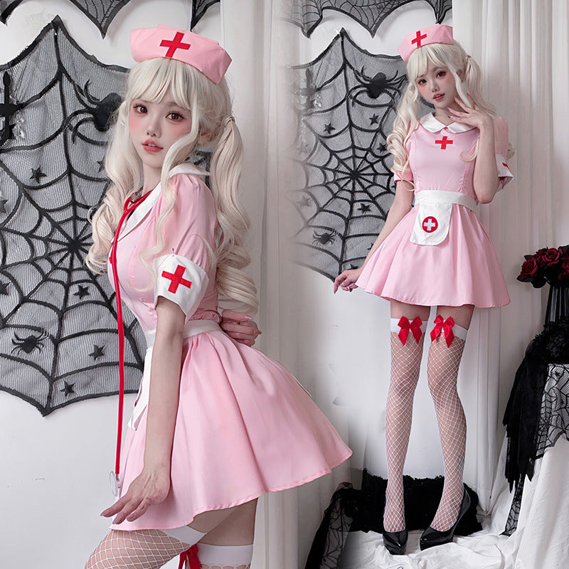 【ハロウィン】大人用コスプレ・ナース服・ピンク・日本風・セクシー・ドクターナースワンピース