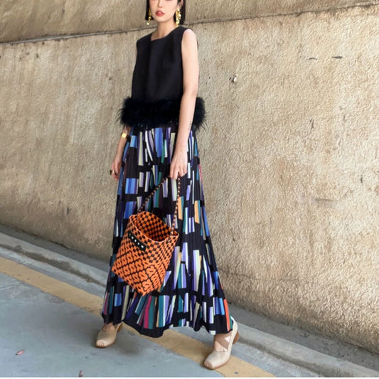 【ボトムス】夏 プリーツ加工 アートプリント ウエストゴム リラクシー パンツ 【SHシリーズ】