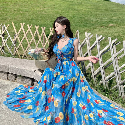 【ワンピース】リゾートワンピース レディース 夏 ブルー花柄 シフォン ノースリーブ Vネック ウエストマーク ロング丈【SHシリーズ】